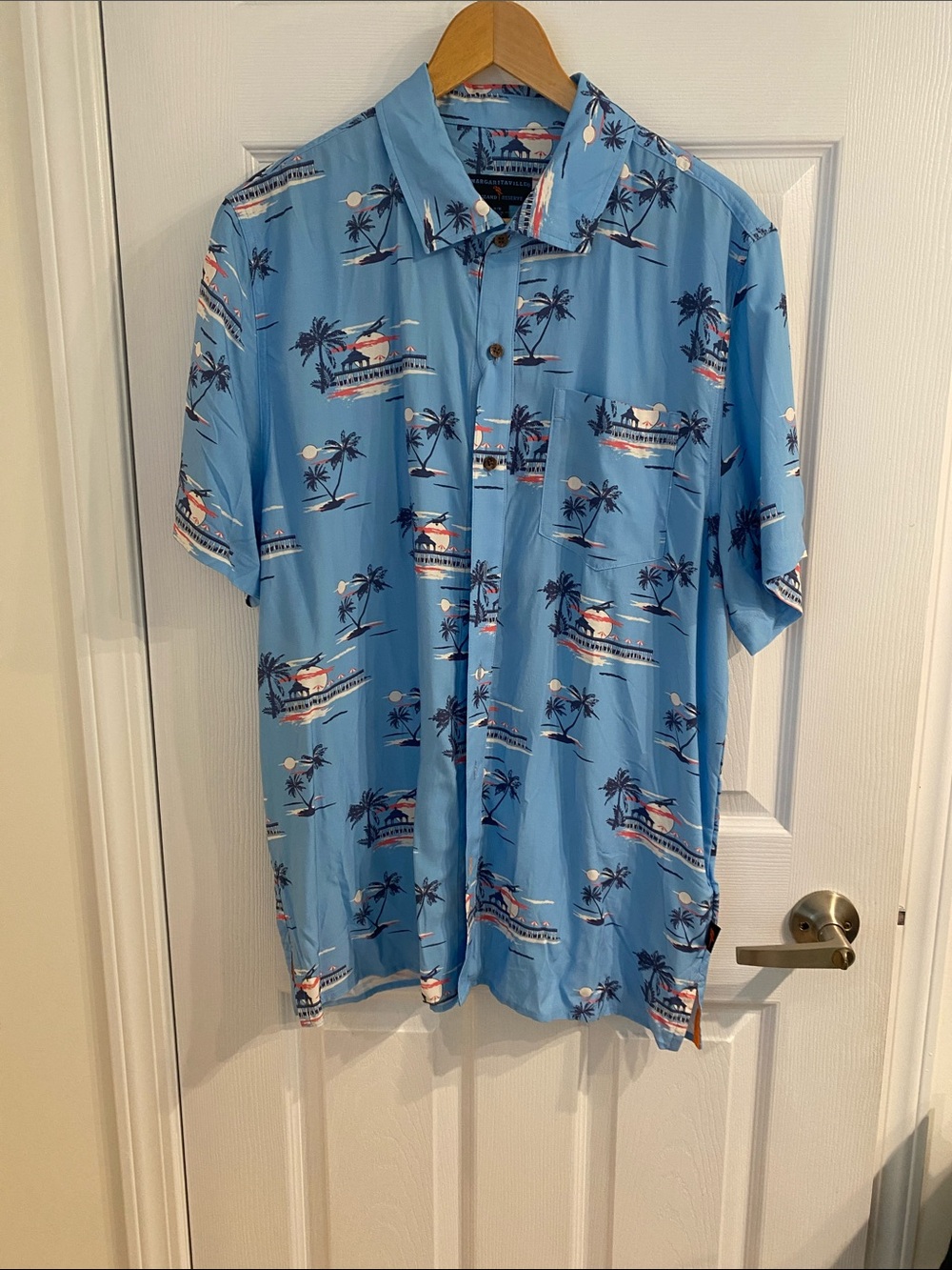 Margaritaville Men's Blue Tropical Palm Tree Sunset Hawaiian Button Down Shirt M